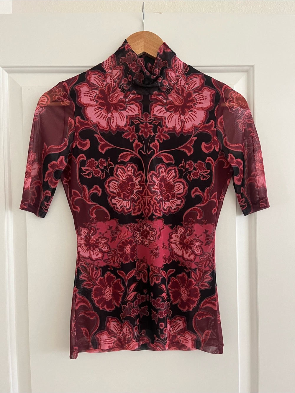 Johnny Was Scilla Mesh Elbow Sleeve Mock Neck Top Floral Romantic Red and Black